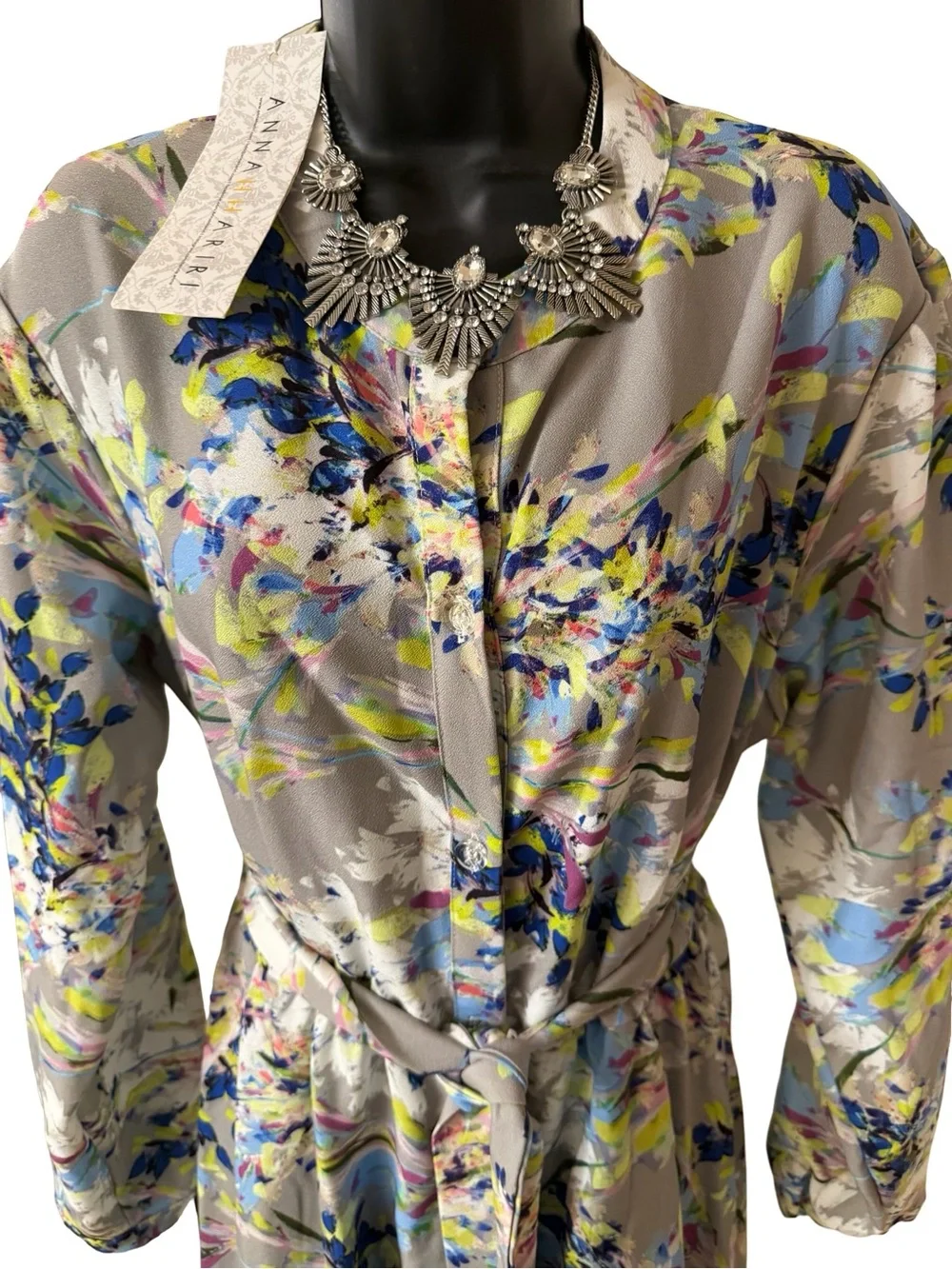 NWT Annahhariri Floral Long Sleeve Belted Maxi Dress in Gray - Picture 4 of 12